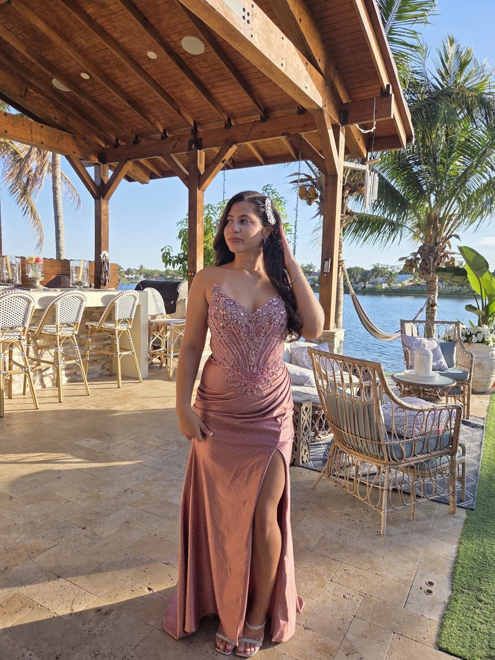 Beaded Mauve Pink Prom Gown with High Slit